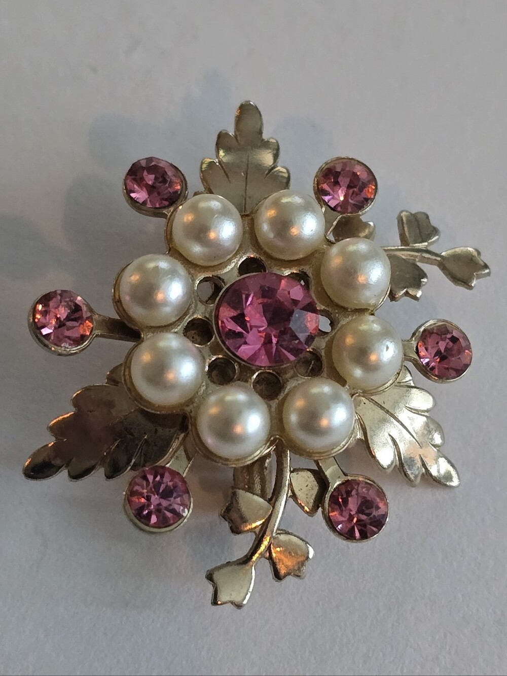 Vintage brooch pink rhinestones white faux pin leaf leaves